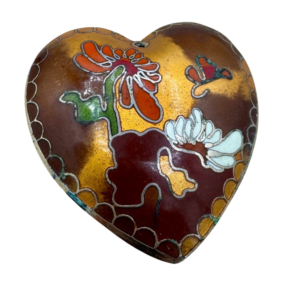 Vintage Cloisonne Enamel Heart Charm‎ Butterfly Floral Gold Tone Pendant 1.5"